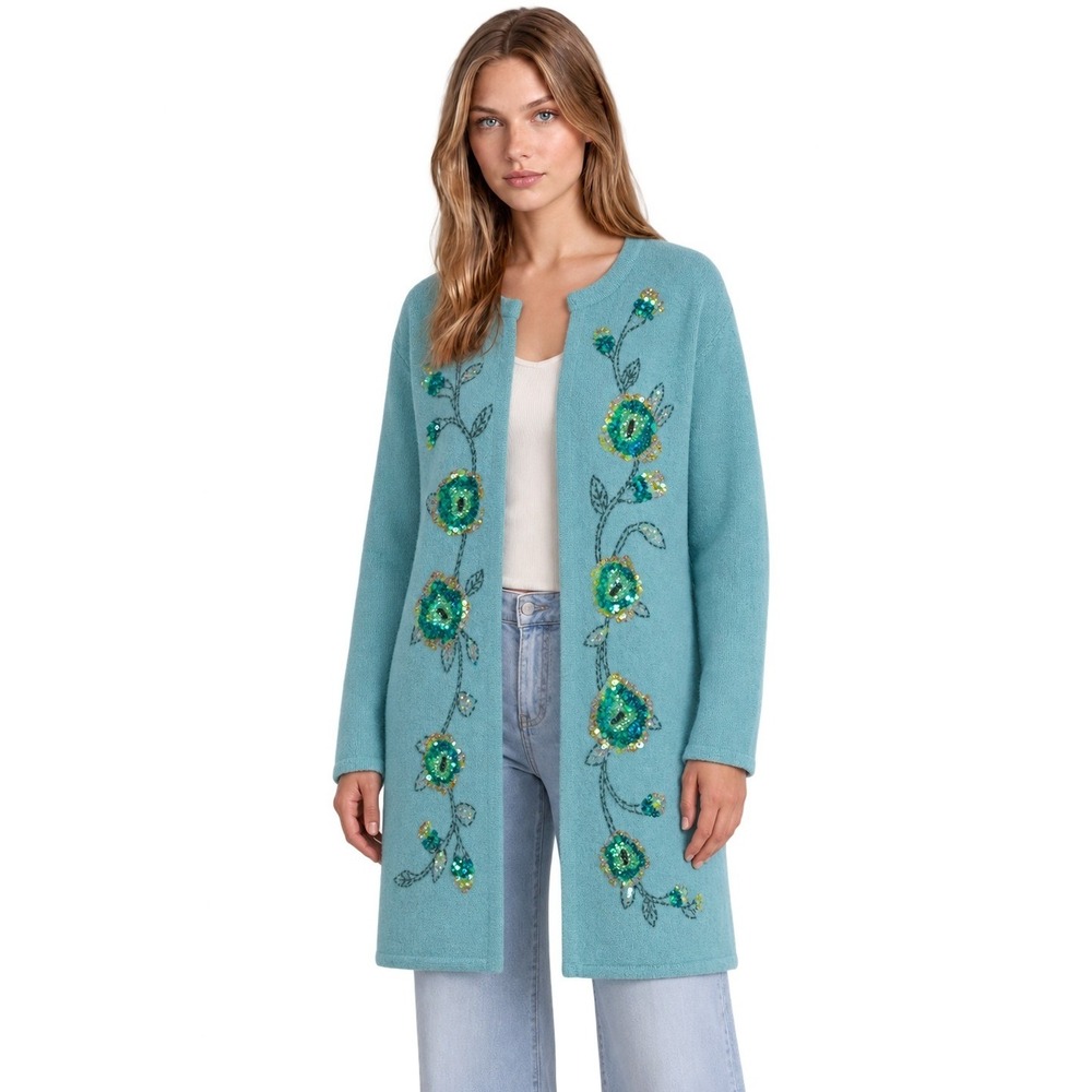 NWT Victor Costa Cardigan Long Sweater Women's Size 1X Blue Silk Angora Sequin
